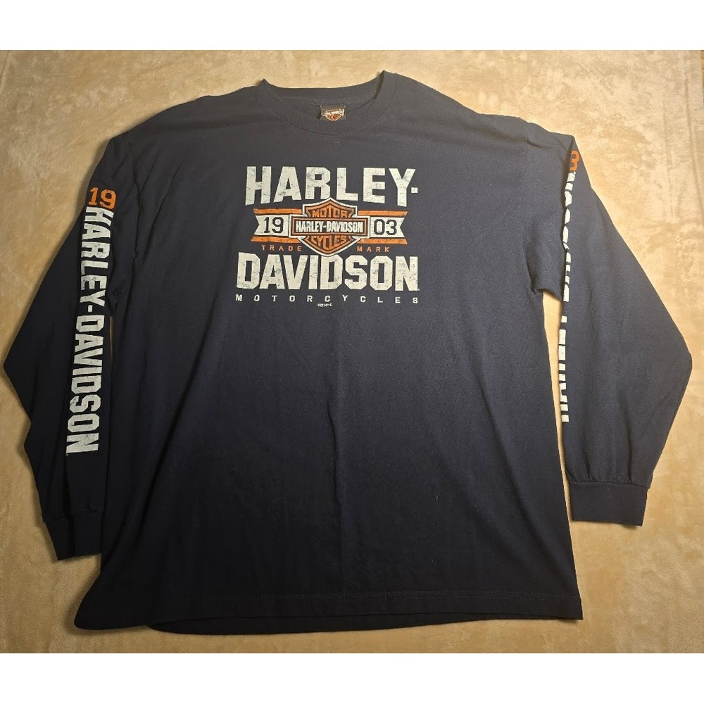 Harley Davidson Mens Navy Blue Long Sleeve Graphic T-Shirt Mad River Sandusky OH